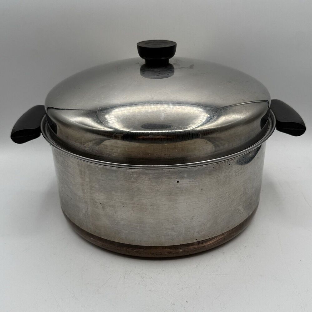 VTG Revere Ware 1801‎ Copper Bottom 6qt Stock Pot W/Dome Lid Patent Pending
